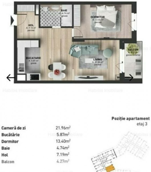 Apartament 2 camere, etaj 3, finisat cu parcare subterana  